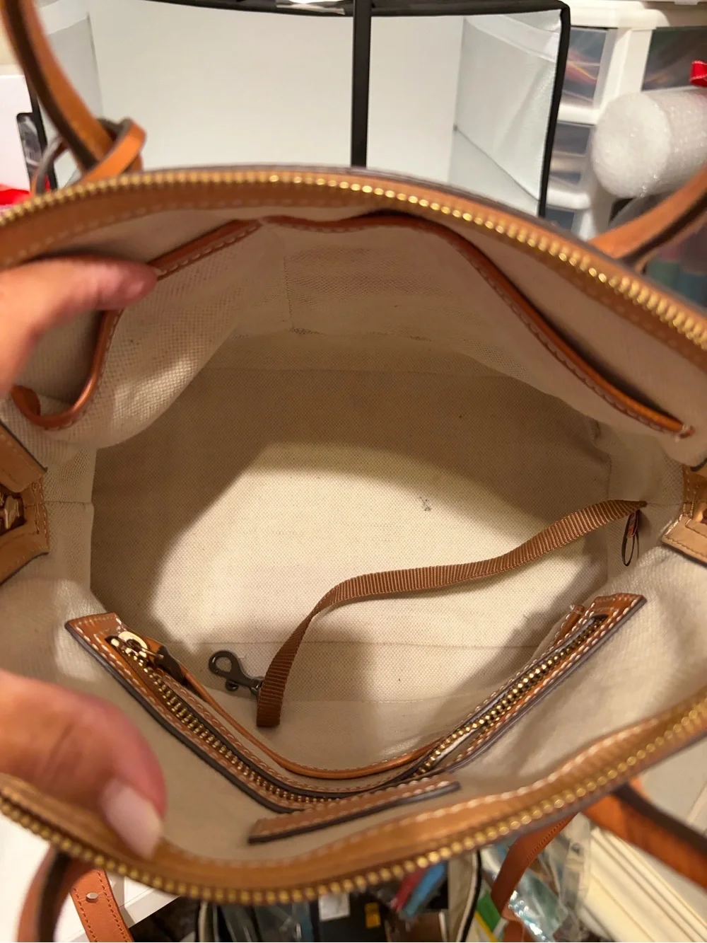 Dooney & Bourke Cream Floral Monogram Satchel with Brown Trim